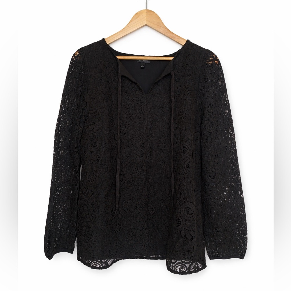 Talbots Black Lace Blouse Size Large Sheer Romantic Boho Top